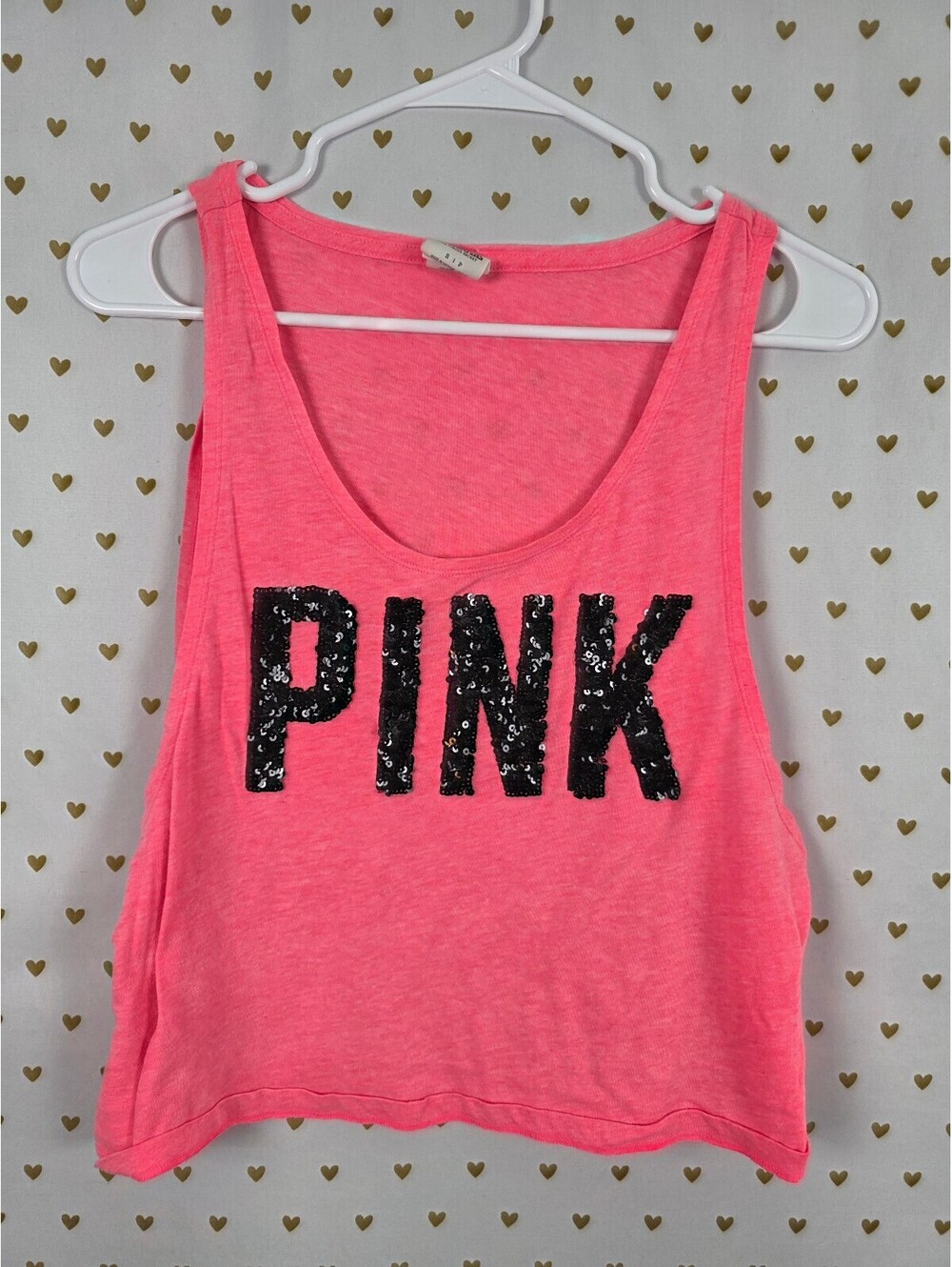 Victorias Secret PINK Bling Cropped Black Sequined Logo Tank Top SMALL